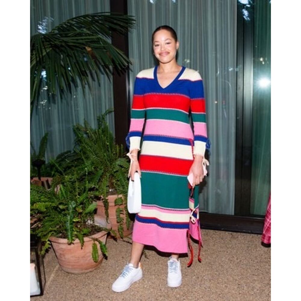 Rosie Assoulin Bow Detail Striped Wool Midi Dress Runway Multicolor XS